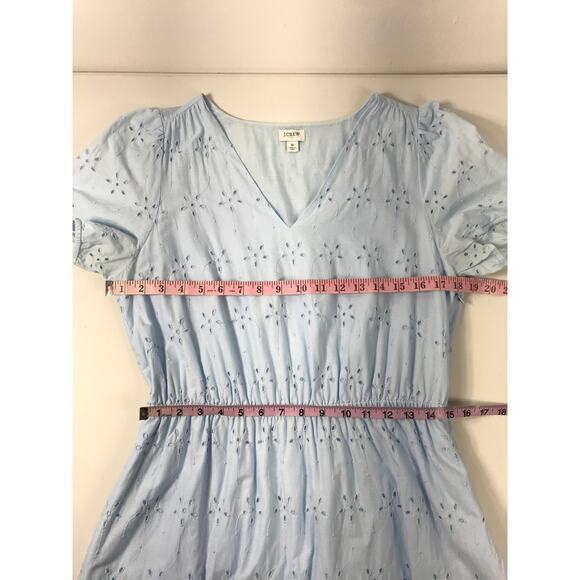 J. Crew Midi Dress Women's 8 Blue V Neck Puff Sleeve Eyelet Tiered Feminine - Picture 14 of 15